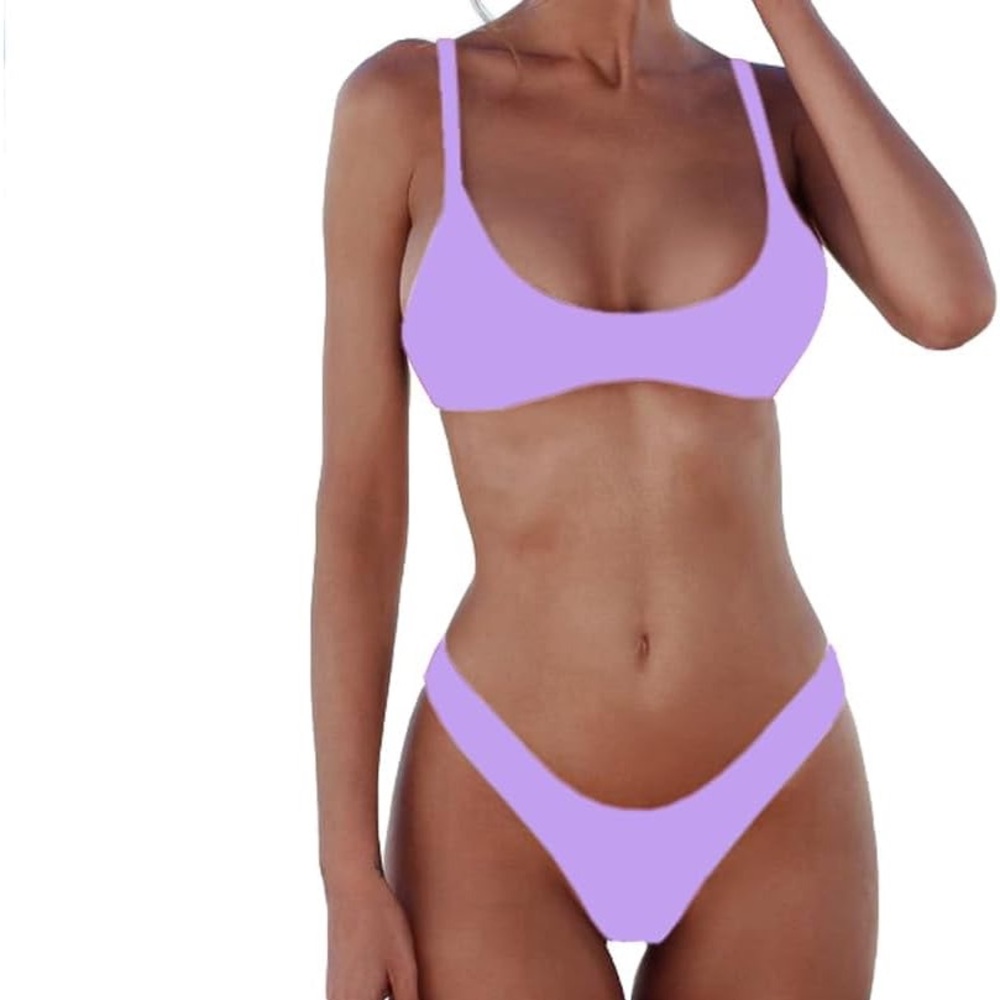 NWT SherryDC women's solid scoop neck Brazillian Thong Lavender bikini set Sz S